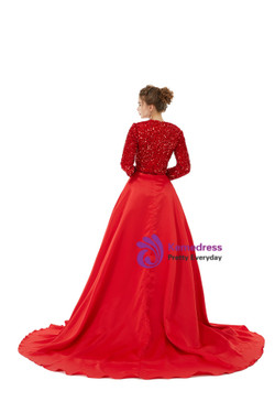 Red Mermaid Sequins Long Sleeve Prom Dress With Detachable Train